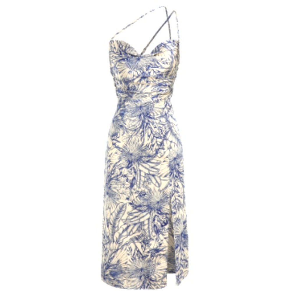 Tropical slit cowl neck satin dress